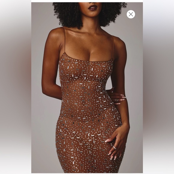 Sheer Embellished Scoop Neck Evening Gown in Mocha - Picture 3 of 4